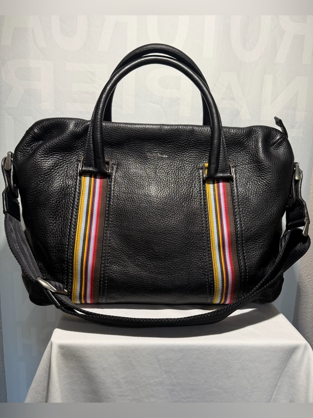 Paul Smith Black Leather laptop satchel with Signature Stripes
